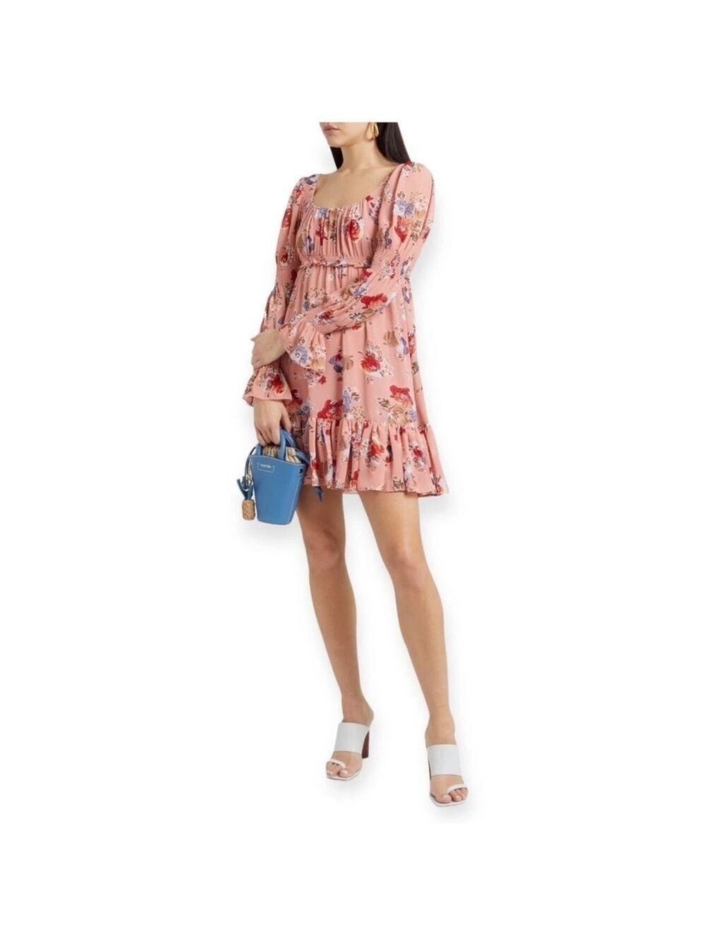 Cinq à Sept Simone Tiered Floral-print Chiffon Mini Dress in Bare Rose Pink Sz 4